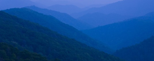 View from Newfound Gap after sunset with layered mountains