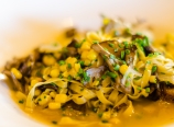 Hen of the woods mushrooms and sweet corn tagliatelle, shallots, sage, and white truffle oil