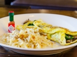 Hash browns, mushroom spinach cheese omelette, with Tabasco sauc
