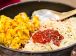 Eggs with veg bacon bits, garlic hashbrowns
